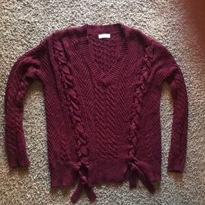 Elan Burgundy Cable Knit Long Sleeve Stretchy V-Neck Warm Sweater Top